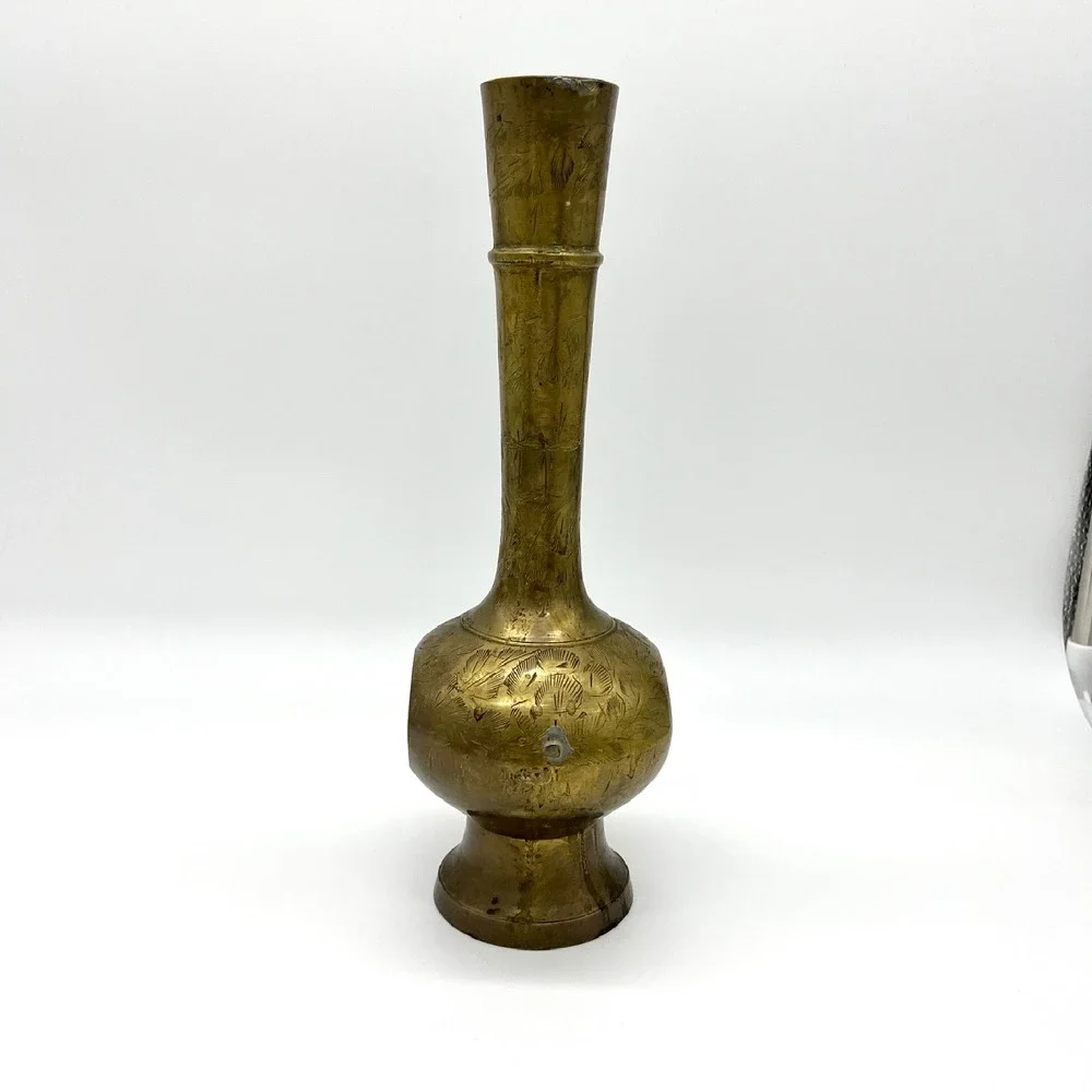 Etched Brass Vase Pitcher Coffee Vintage Floral Design Home Decor 10